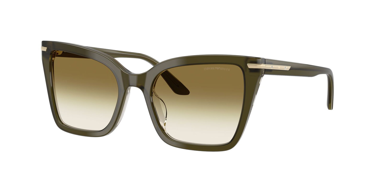Das Bild zeigt die Emporio Armani Sonnenbrille EA4273BU in dunkelgrün glänzend leicht seitlich.